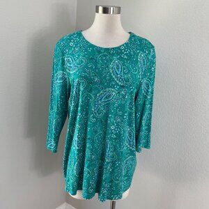J Jill Wearever Womens Large Paisley Stretch Tunic Top Turquoise Blue 3/4 Sleeve